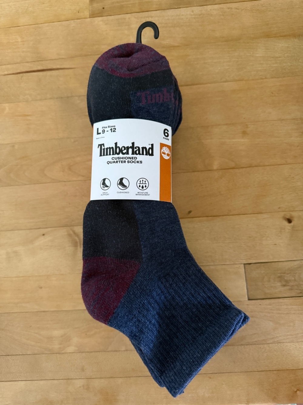 Timberland Men's Quarter Athletic Socks - Navy and Burgundy Accents